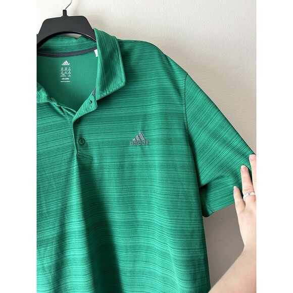 Adidas Climalite Mens Polo Shirt Green W/Green Stripes  Size Large - Picture 2 of 5